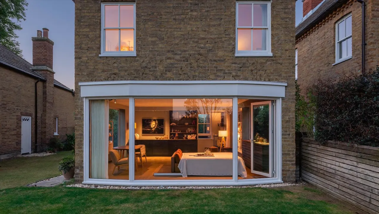 Bay window glowing with warm interior light in the evening
