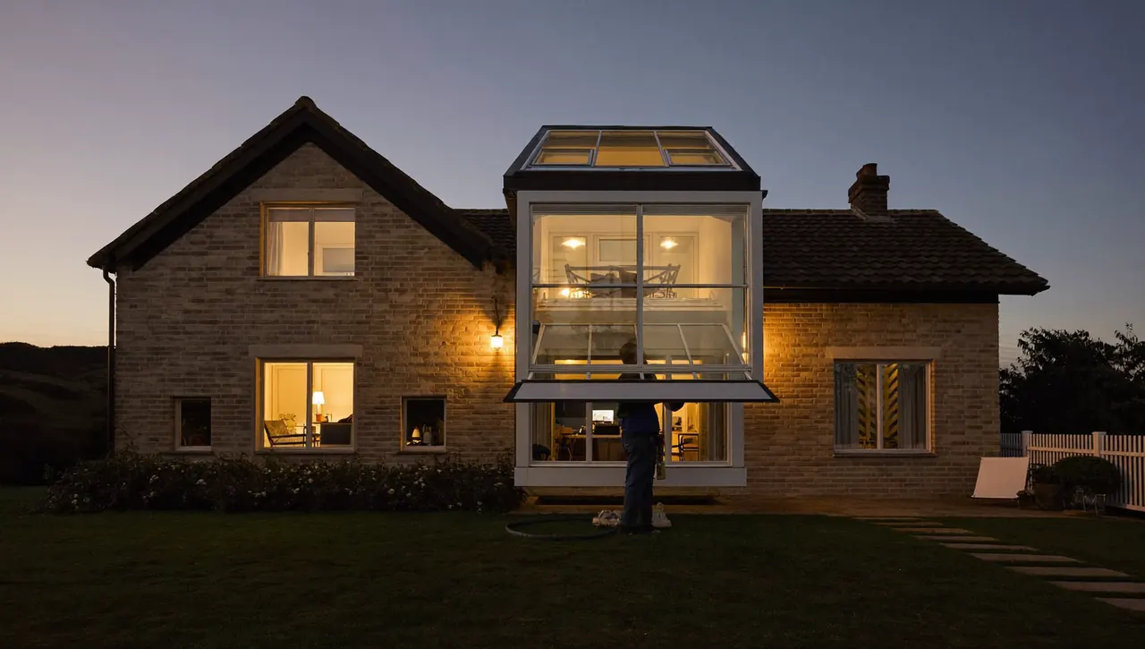 Installer lifting a large sealed glazed unit into place at dusk