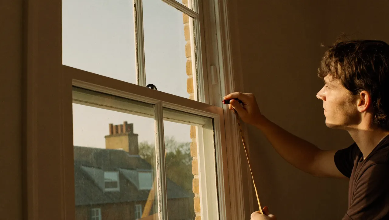 Installer measuring a window reveal with a tape measure indoors