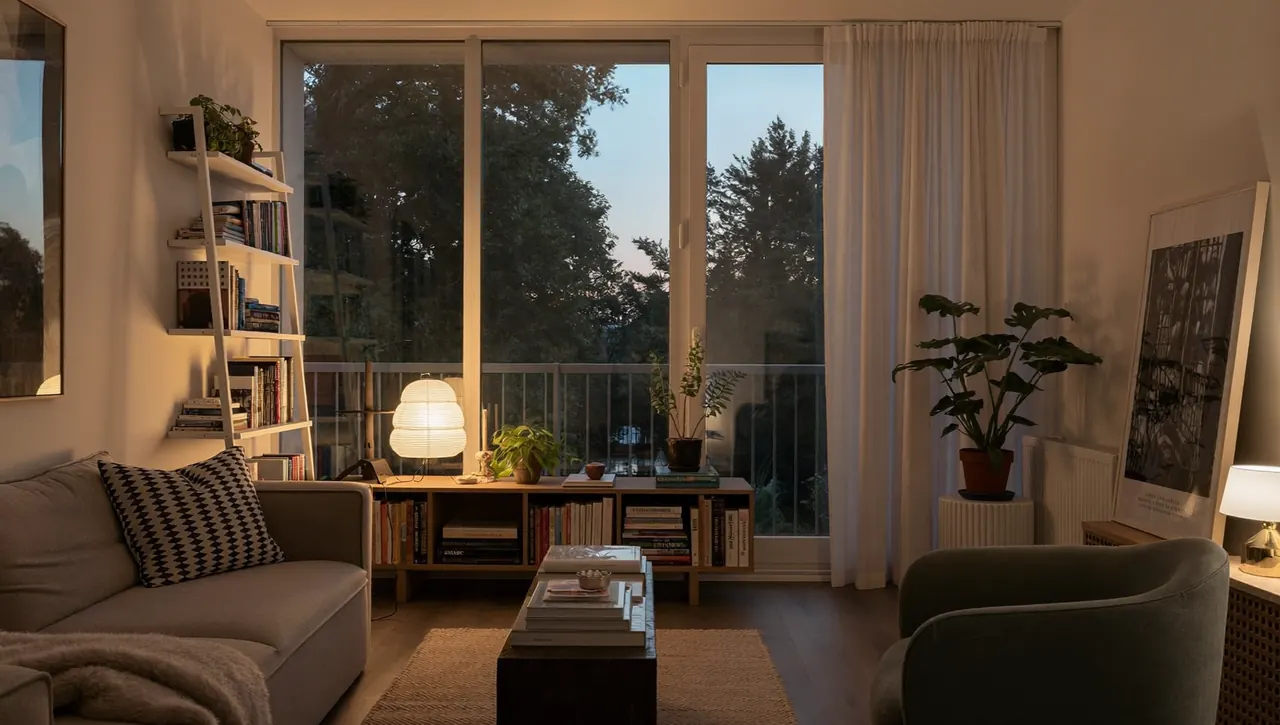 Living room interior with large windows in soft evening light