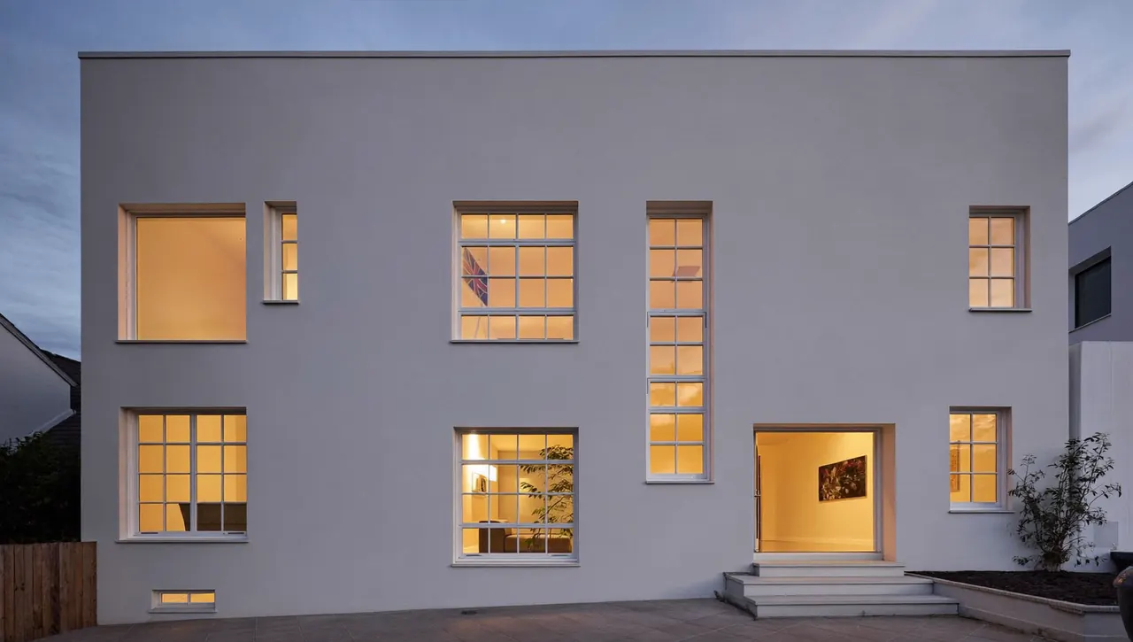 Modern casement windows on a rendered house exterior at dusk